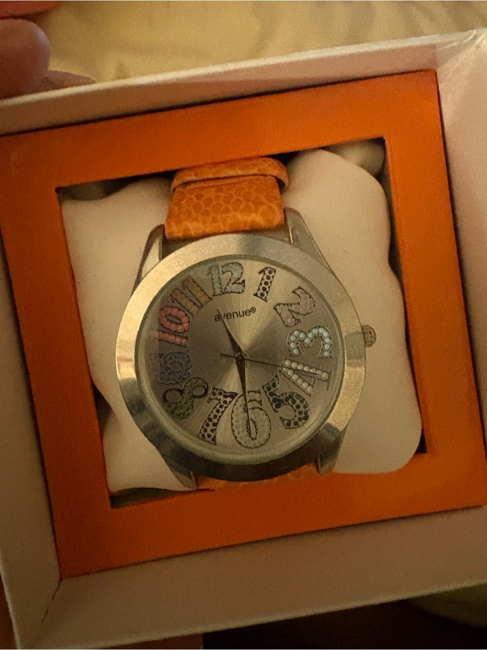 Avenue Silver-Tone Watch with Orange Strap and Multicolor Numerals